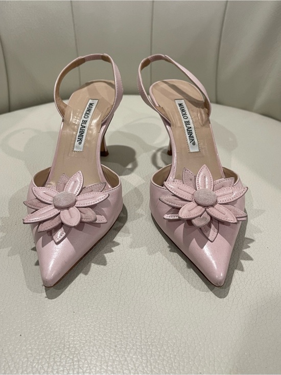 Manolo Blahnik Shoes - Manolo Blahnik Powder Pink Flower-Embellished Slingback Pumps